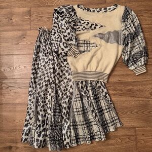 Vintage Diane Freis Knit Skirt & Sweater Top Set Medium Metallic Wool